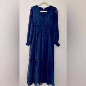 Long Sleeve Cinced Waist Navy Midi Dress